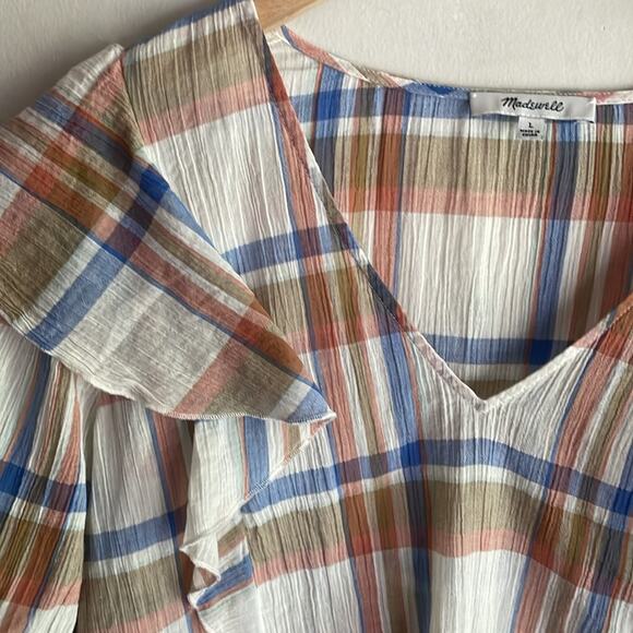 Madewell V Neck Shoulder Ruffle Top in Plaid - Picture 7 of 16